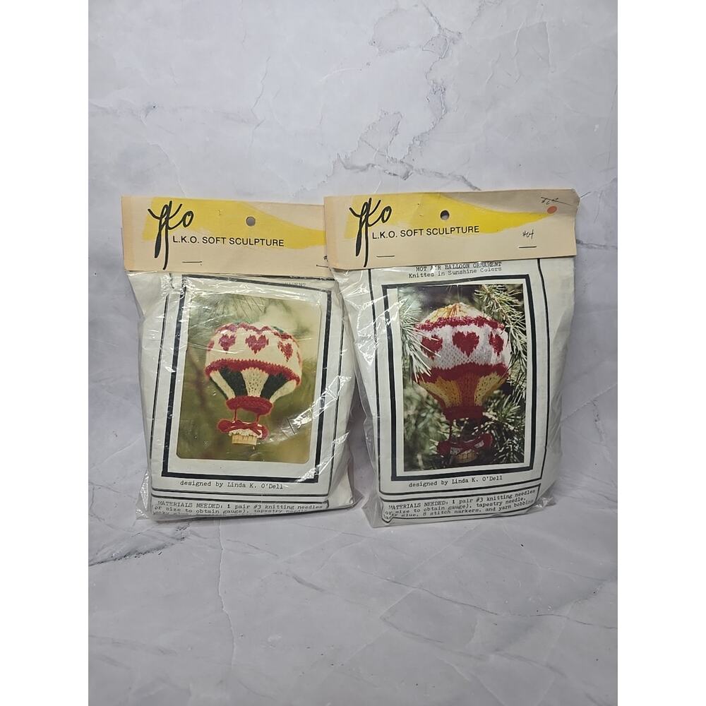 Vintage L.K.O. Soft Sculpture Knitted Hot Air Balloon Ornament Set of Two